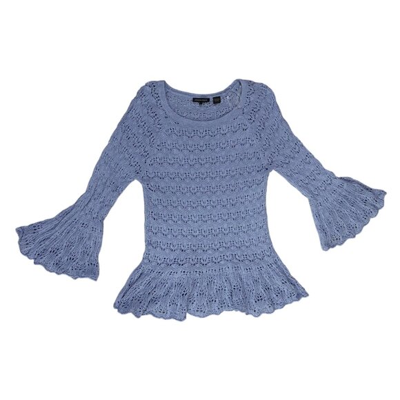 Y2K Jeanne Pierre Sweater S Open Knit Crochet Flare Cuffs Ruffle Hem Fairy - Picture 2 of 7